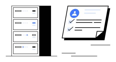 Kullanıcı profili simgesi ve görevleri olan bir kontrol listesi belgesinin yanındaki veri depolama sunucuları. Teknoloji, veri yönetimi, bulut hesaplama, görevler, güvenlik, organizasyon, dijital süreçler için ideal. Basit.