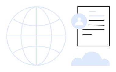 Dijital kimlik, bulut güvenliği, bağlantı, bilgi yönetimi, çevrimiçi profiller, küresel ticaret. Küre, kullanıcı profili belgesi ve bulut elementleri. Dijital kimlik ve bulut güvenliği