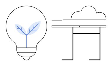 Yenilenebilir enerji, yeşil teknoloji, bulut hesaplama, yenilik, sürdürülebilirlik, çevre dostu çözümler. Masada bitki ve bulut yapısı olan bir ampul. Yenilenebilir enerji ve bulut hesaplaması