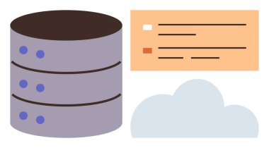 Bulut hesaplama, veri depolama, çevrimiçi hizmetler, teknoloji altyapısı, dijital platformlar, internet uygulamaları. Bir veritabanı simgesi, bulut sembolü ve bilgi kartı. Bulut hesaplama ve veri