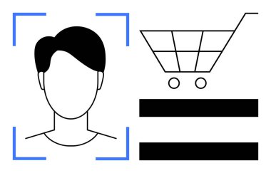 Bir alışveriş arabası ikonu ve minimum grafik elementleri ile birlikte çerçeve çizgileri ile profil taraması. Teknoloji, e-ticaret, güvenlik, kimlik doğrulama, çevrimiçi perakende, yapay zeka entegrasyonu, kusursuz