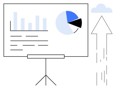 Veri analizi, iş büyümesi, bulut hesaplaması, dijital trendler, sunum tasarımı, finansal strateji. Tabela ve pasta grafikleri bir tahtada ve yukarı doğru ok şeklinde gösteriliyor. Veri analizi ve iş