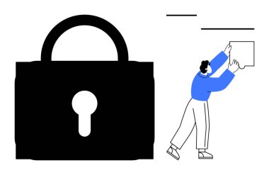 Siber güvenlik kavramı. Büyük kilit sembolü veri koruması. Siber güvenlik, güvenli veri yönetimi, gizlilik koruması ve dijital güvenliği içerir. Teknoloji, eğitim, iş, mahremiyet