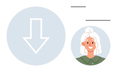 Kullanıcı arayüzü tasarımı, profil seçimi, indirme seçenekleri, kimlik doğrulama, kullanıcı bağlantısı, navigasyon araçları. Aşağı doğru bir ok sembolünün yanında gülümseyen bir kişinin dairesel avatarı. Kullanıcı