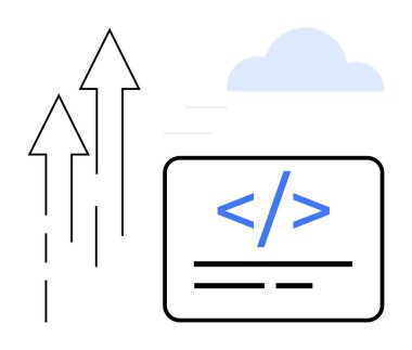 Bulut hesaplama, yazılım geliştirme, kodlama, büyüme, yenilik, teknoloji gelişimi. Yukarı doğru ok ve bulut grafikleriyle kodlama sembolü. Bulut hesaplama ve yazılım geliştirme