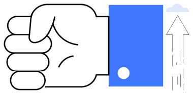 İş büyümesi, başarı, motivasyon, ilerleme, kararlılık, yükselen momentum. Yukarı bakan bir ok ve bir bulut ile sıkılmış bir yumruk. İş büyümesi ve başarı kavramı