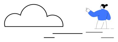 Bulut hesaplama, veri depolama, teknoloji ilerlemesi, dijital yenilik, bağlantı, gelecek kavramları. Buluta bakan kadın, minimum çizgiler. Bulut hesaplama ve veri depolama teması