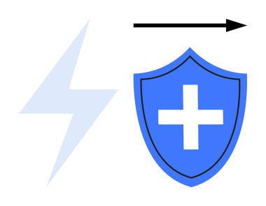 Tıbbi yardım, sağlık güvenliği, elektrik çarpması, enerji, koruma, acil durum hizmetleri. Haçlı mavi kalkan, yıldırım ve ok. Sağlık güvenliği ve korunma