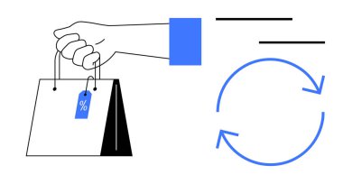 Üzerinde indirim etiketi olan el çantası, dairesel oklarla çevrili. Perakende, alışveriş, satış, indirim, getiri, ticaret ve iş döngüleri için ideal. Basit düz metafor