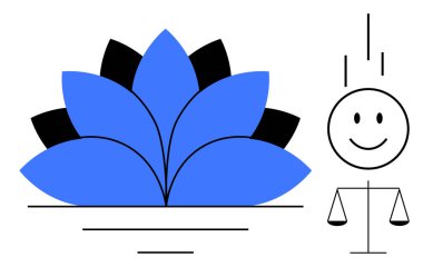 Denge görselleştirme. Soyut mavi nilüfer ve ölçülü ve dengeli çubuk figürü. Denge, farkındalığı, dengeyi ve iç huzuru teşvik eder. Sağlık, meditasyon ve semboller için ideal.