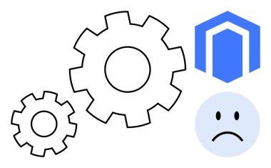 Sistem hatası kavramı. Sistem arızası, üzgün surat ve yazılım logosu arızası. Sistem hatası verimsizliğe ve hatalara neden olur. Teknoloji desteği, yazılım sorunları, bilişim sorunları