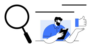 İş analizi, veri değerlendirmesi, takım çalışması, karar verme süreci, onay süreci ve kalite güvencesi. Adam pano tutuyor, cam başparmakları büyütüyor. İş analizi ve veri değerlendirmesi