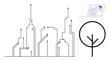 Akıllı şehirler, sürdürülebilirlik, veri analizi, IoT teknolojisi, gelecekteki şehir planlaması, dijital ağlar. Devre çizgileri, modern ağaç simgesi ve veri analiz paneli olan bir şehir manzarası. Akıllı şehirler