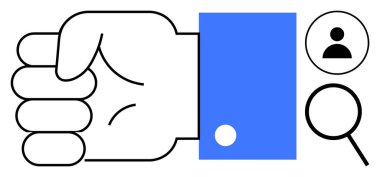 Aksiyon kullanıcı profilini ve büyüteci sembolize eden sıkılmış yumruk odaklanmayı, liderliği ve analizi işaret ediyor. Takım çalışması, karar verme, araştırma, yetkilendirme, liderlik, adam toplama için ideal