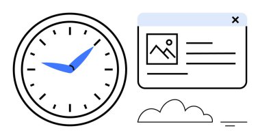 Zaman yönetimi konsepti. Verimliliği ön plana çıkaran bir saat ile birlikte zaman izleme ve görev organizasyonu. Saat ve dijital arayüz görselleriyle çizilmiş zaman. İş akışı, uygulamalar, iş planlaması için