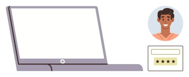 Çevrimiçi güvenlik, kimlik doğrulama, şifre koruma, teknoloji, kullanıcı profilleri, güvenli erişim. Laptop, kullanıcı profili resmi ve parola alanı. Çevrimiçi güvenlik ve kimlik doğrulaması