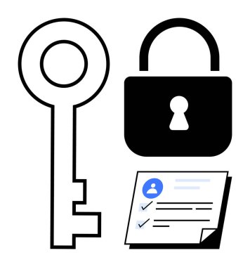 Kilit ve belgenin yanında kullanıcı detayları ve işaretleri olan bir anahtar. Gizlilik, güvenlik, kimlik denetimi, kimlik doğrulama, siber güvenlik, basit düz metafor