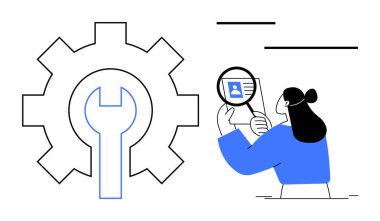 Veri analiz konsepti. Bir büyüteç ve dişli mekanizması ile profil doğrulama yoluyla veri analizi. Yazılım, teknoloji, siber güvenlik, kimlik doğrulama, araçlar için veri analizi