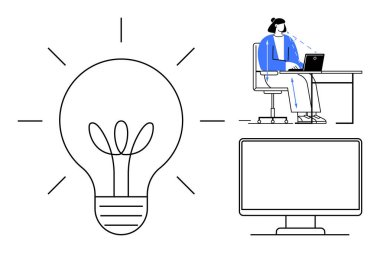 Yaratıcı çalışma alanı. Bir kadın dizüstü bilgisayar kullanırken parlak bir ampul yaratıcılığı, yaratıcı bir çalışma alanında verimlilik. Bağımsızlar, yenilik merkezleri, başlangıç ortamları, ev ofisleri için gerekli