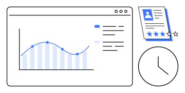 Eğilim grafiği ve görev güncellemeleri, personel inceleme belgesi ve saat simgesi içeren analitik paneli. Değerlendirme, verimlilik, iş büyümesi, üretkenlik, yönetim, organizasyon için ideal basit