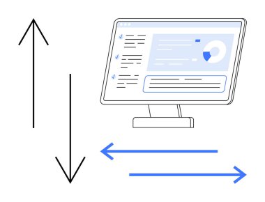 Veri yönetimi, bilgi akışı, analitik, torpido gözünde canlandırma, veri senkronizasyonu, dijital iletişim. Gösterge paneli ve yön oklarıyla bilgisayar monitörü. Veri yönetimi