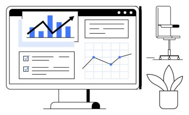 Veri analizi, işyeri verimliliği, ofis organizasyonu, iş büyümesi, yönetim araçları, profesyonel çevre. Çizelgeler, çizelgeler, masa başı koltukları. Veri analizi