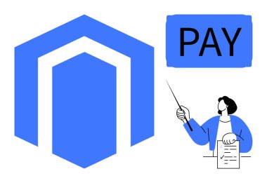 Geometrik logo tasarımı, ödeme etiketi ve finansal belge sunan kişi. Finans, maaş bordrosu, e-ticaret, analitik, sunum Fintech dijital ödeme sistemleri için idealdir. Basit düz metafor