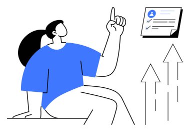 Kadın kişisel kontrol listesine doğru el kaldırıyor, yukarı bakan oklar. Hedef belirleme, üretkenlik, kariyer büyümesi, kendini geliştirme, organizasyon, motivasyon, basit düz metafor için ideal