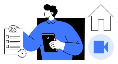 Uzaktan çalışma, zaman yönetimi, verimlilik, dijital işbirliği, çevrimiçi programlama, iş hayatı dengesi. Profesyonel, kontrol listesi ve saati olan bir tablet tutuyor. Uzak çalışma ve zaman yönetimi