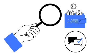 Avro, bitcoin ve dolar içeren kripto para cüzdanını analiz eden büyüteç ve elektronik devreli ve doğrulanmış sohbet baloncuklu bir el. Finans, teknoloji, kripto para birimi için ideal