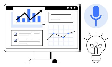 Veri görselleştirme, iş stratejisi, yaratıcı düşünme, teknoloji, iletişim, analitik. Haritalar, grafikler, mikrofon ve ampullü bilgisayar ekranı. Veri görselleştirme ve iş