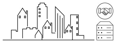 Şehir gelişimi. İş birliği ve veri depolama ikonlarıyla şehir manzarası ana hatları. Kentsel gelişim takım çalışması, veri yönetimi ve kurumsal büyümeyi simgeler. Akıllı şehirler için, işbirliği