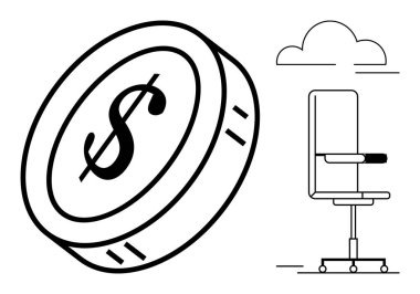 Finans, istihdam, işyeri verimliliği, servet üretimi, kariyer büyümesi, ofis yönetimi. Dolar işareti ve ofis sandalyesi olan bir bozuk para. Mali başarı ve istihdam kavramları