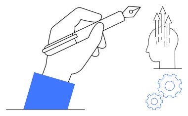 Yaratıcılık konsepti. Eli kalem tutan bir yaratıcılık, problem çözmek için vitesler, ve yenilikçi bir düşüncenin okları. Tasarım, eğitim, problem çözme, üretkenlik için kullanışlı