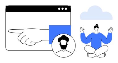Çevrimiçi rehberlik, farkındalık, web arayüzü, dijital kimlik, rahatlama, zihinsel denge. Bir profil ikonu ve meditasyon yapan bir kadınla tarayıcı penceresinde işaret eden bir el. Çevrimiçi yönlendirme