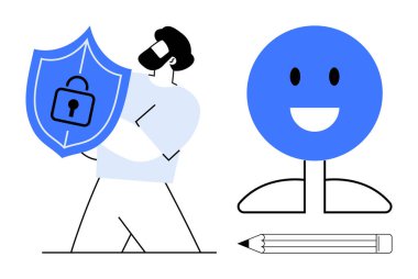 Çevrimiçi güvenlik, veri koruması, gizlilik bilinci, dijital doğrulama, yaratıcılık, güvenli iletişim. Gülümseyen bir avatar ikonunun yanında elinde kalkanla bir kalem tutan biri. Veri