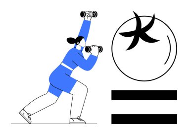 Hamle pozu veren kadın dambıllar havada, Balık burcu sembolü ve çizgilerinin yan görünüşü. Fitness, egzersiz, astroloji, denge, sağIık, kararlılık ve zodyak farkındalığı için ideal. Temiz