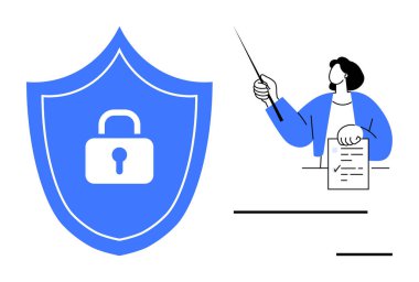 İçerideki kalkanın kilidi, bir belgeyi sunan kişiyle birlikte güvenliği simgeliyor. Siber güvenlik, gizlilik, çevrimiçi güvenlik, kurumsal eğitim, veri koruması, güvenli iletişim için ideal