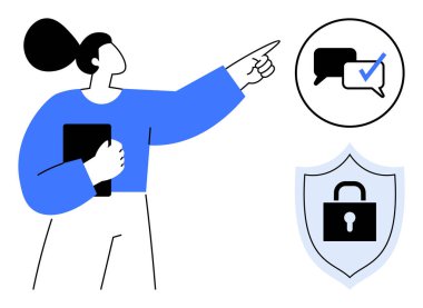 Elinde tablet olan bir kadın kontrol işaretli konuşma baloncuklarını ve asma kilidi olan bir kalkanı işaret ediyor. İletişim, güvenlik, gizlilik, güven, teknoloji, eğitim için ideal, basit düz metafor