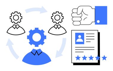 Çalışan simgeleri oklarla birbirine bağlı takım çalışmasını sembolize eden dişliler, hareket için bir el hareketi ve yıldız reytingli bir profil listesi. İK araçları, askere alma, takım çalışması stratejileri, çalışanlar için ideal