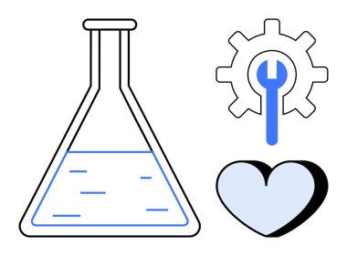 Bilimsel araştırma, yenilik, mühendislik çözümleri, sağlık desteği, laboratuvar süreçleri ve yaratıcılık. İngiliz anahtarı ve kalbi olan bir matara. Bilimsel araştırma ve mühendislik çözümleri