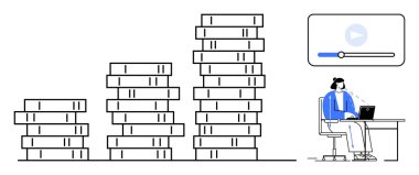 Online eğitim. Yığılmış kitaplar ve sanal öğrenme illüstrasyonlarıyla çevrimiçi eğitim büyümesi. Çevrimiçi eğitim e-öğrenmeyi, uzaktan öğrenmeyi, dijital kaynakları ve uzaktan eğitimi destekler