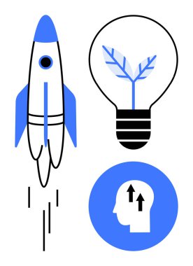 Yenilik kavramı. Bir roketin icadı, bir ampulün içinde bir yaprak yeşil fikirler, ve okları olan bir insan kafası. Girişimler için yenilik, sürdürülebilirlik, yaratıcı düşünce, ilerleme, eğitim