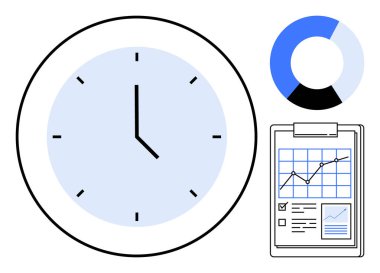 Zaman yönetimi, iş verimliliği, veri analizi, proje izleme, raporlama, iş yeri organizasyonu. Saat, dairesel çizelge ve grafikli pano. Zaman yönetimi ve iş verimliliği