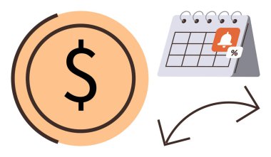 Bütçe yönetimi, finansal programlar, ödeme planlama, bankacılık kavramları, işlem akışı, zaman yönetimi. Takvim ve oklu dolar işareti. Bütçe ve ödeme planlama