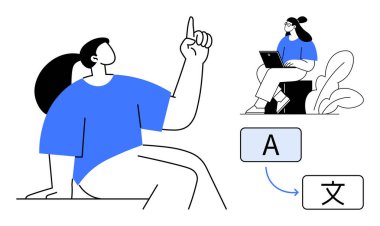 Dil çeviri kavramı. Dil simgeleri ve dizüstü bilgisayarla çalışan kişi çok dilli iletişimi gösterir. Dil işi, eğitimi, uygulamaları, teknolojiyi, erişilebilirliği destekler