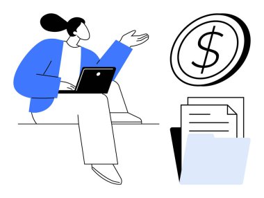 Finans yönetimi, uzaktan çalışma, dijital iş, çevrimiçi ödemeler, finansal planlama ve belgeler. Dizüstü bilgisayarı olan bir kadın, büyük paralar ve belgeler. Finans yönetimi ve uzaktan çalışma