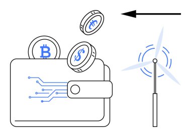 Dijital bir cüzdana giren bozuk paralarla kripto para. Engelleme teknolojisinde rüzgar türbini yenilenebilir enerji entegrasyonu. Engelleme zinciri, yenilenebilir enerji, fintech, dijital