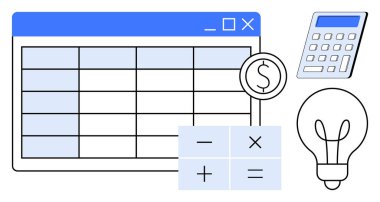 Finans, bütçe, veri analizi, muhasebe, iş planlaması, yenilik. Hesap tablosu, hesap makinesi para birimi sembolü ve ampul simgeleri. Finans ve bütçe kavramı