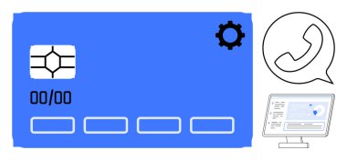 Finansal teknoloji, dijital ödemeler, çevrimiçi güvenlik, müşteri desteği, dolandırıcılık önleme, teknoloji hizmetleri. Çipli mavi kredi kartı, dişli ikon telefon sembollü bilgisayar ekranı. Dijital ödemeler